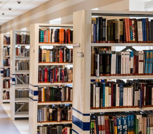 row of books in shelves in student center lib store